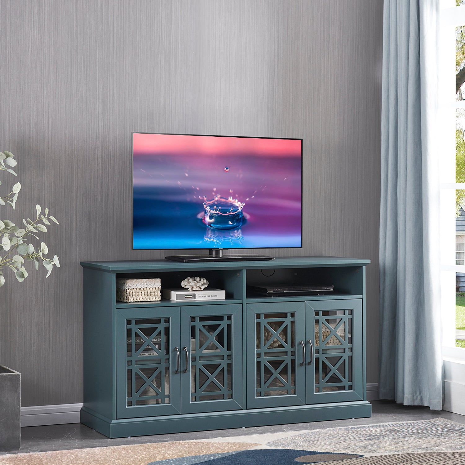 Dark Teal TV Stand with Buffet & Console Table Storage