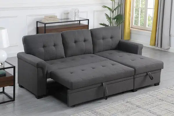 Lucca 84" Reversible Sleeper Sectional Sofa - Dark Gray Linen, Storage Chaise