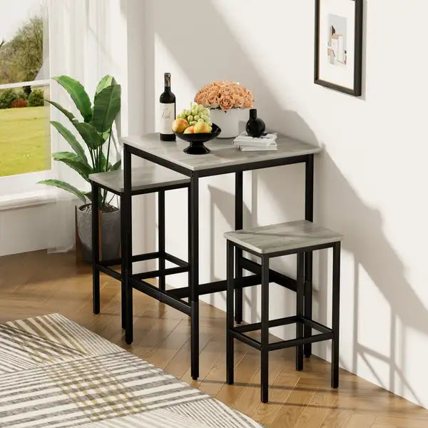 Industrial Bar Table Set with 2 Chairs, Square Bar Table & Stools, Rustic Gray & Black, Space Saving for Kitchen, Living Room, Banquet Hall - Minihomy