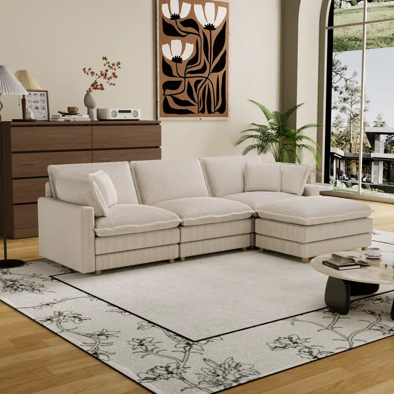 Beige Modular L-Shaped Sectional Sofa with 4 Pillows