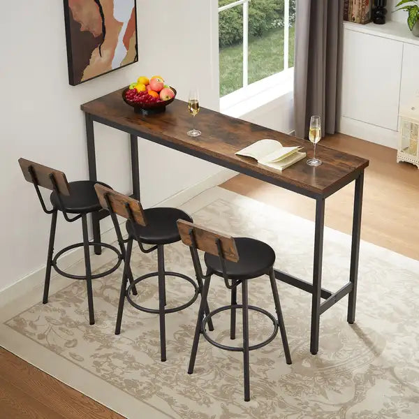 Industrial Bar Table Set with 3 Stools - Rustic Brown & Black, 63" Kitchen Breakfast Table - Minihomy