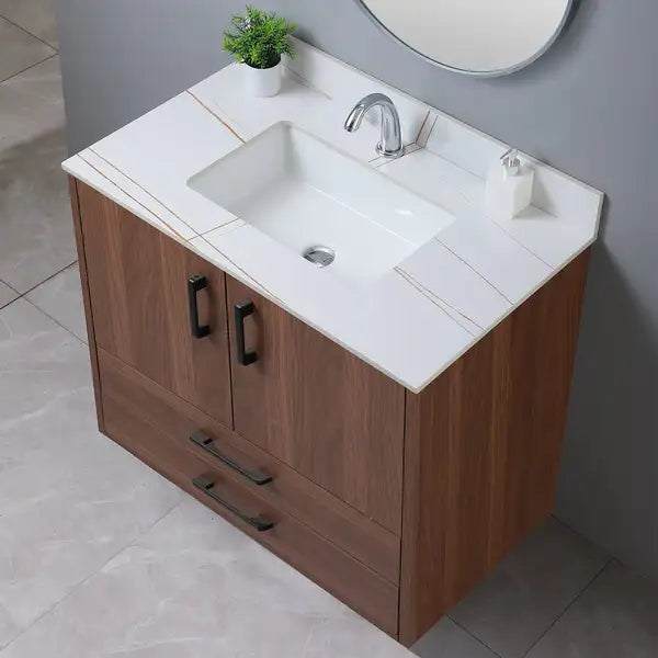 37 Inch Bathroom Vanity Top with Undermount Sink, White Gold Stone, Single Faucet Hole - Minihomy