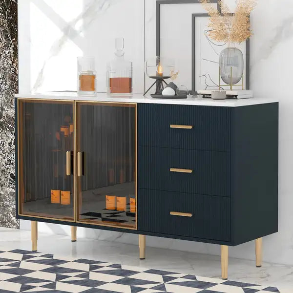 Modern Sideboard Buffet Cabinet with Marble Top & Amber Glass Doors (Navy Blue) - Gold Legs & Handles - Minihomy