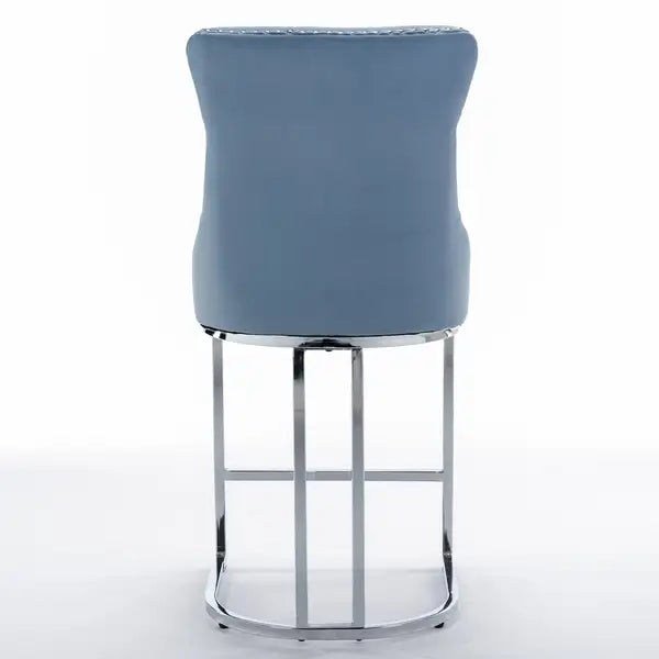 Modern Velvet Bar Stools Set of 2, Light Blue - Counter Height, Button Back & Rivet Trim, Chromed Metal Base - Minihomy