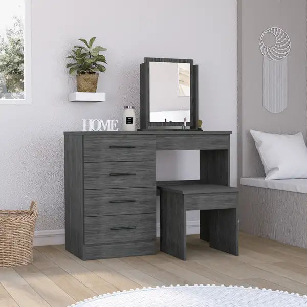 Kaia Makeup Vanity Set with Stool - Smokey Oak, 4 Drawers, Mirror - Minihomy