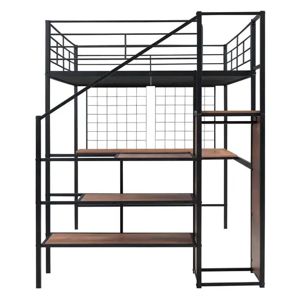 Full Size Metal Loft Bed with Desk, Storage Ladder & Wardrobe - Black - Minihomy