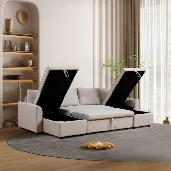 U-Shaped Sectional Sofa Sleeper with Storage - Beige Artemax