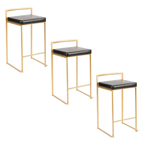 LumiSource Fuji Gold Metal Counter Stools (Set of 3) - Black Faux Leather