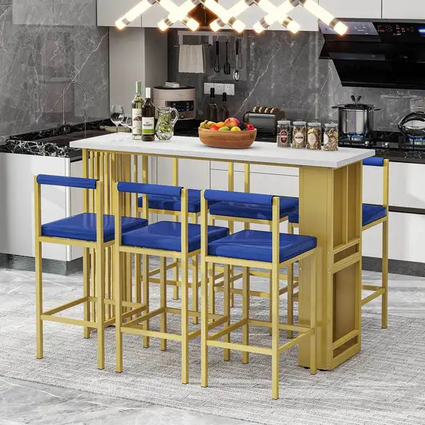 7-Piece Modern Counter Height Dining Bar Table Set with Upholstered Stools - White & Blue - Minihomy