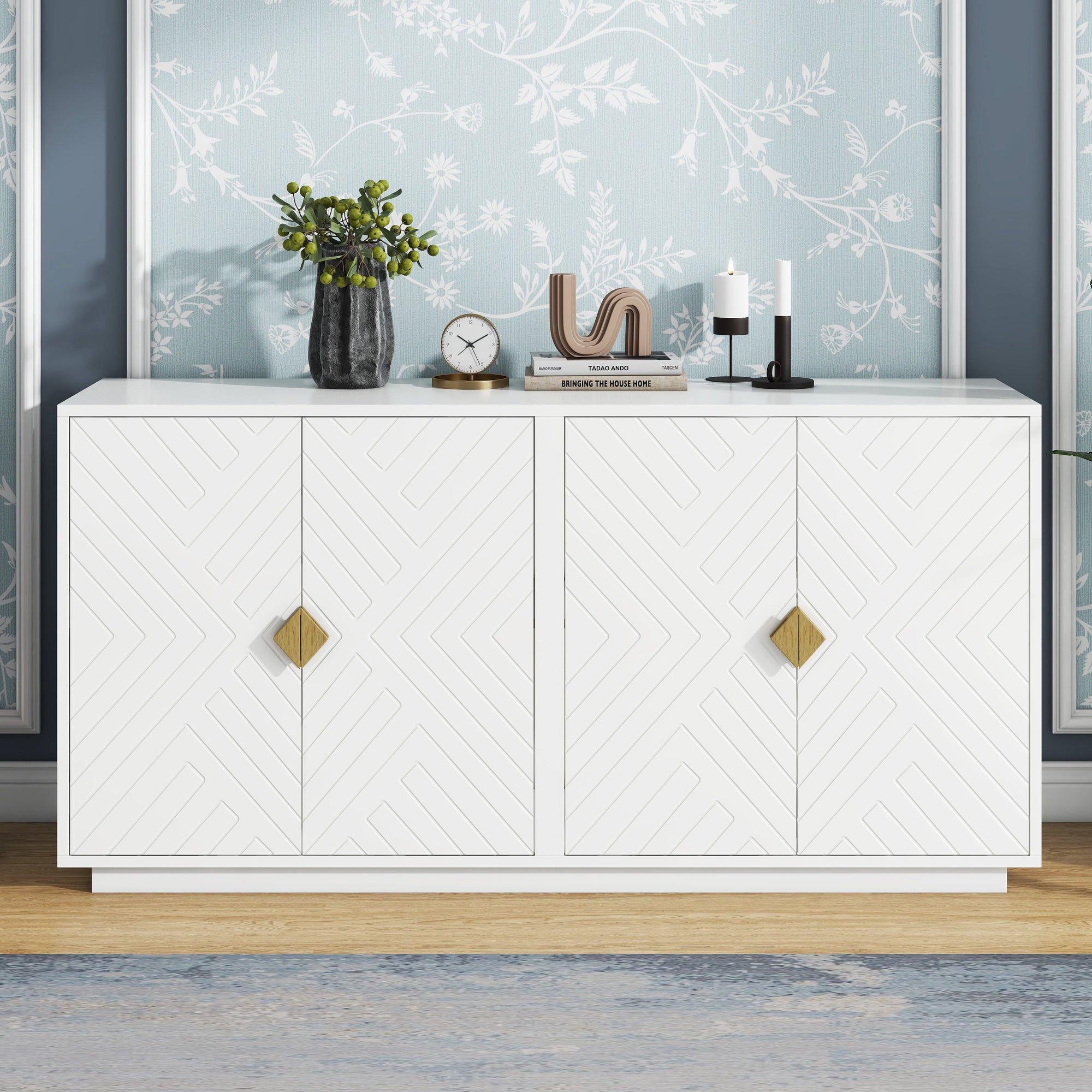 Modern Sideboard with Storage, Wooden Handles, Adjustable Shelves - White