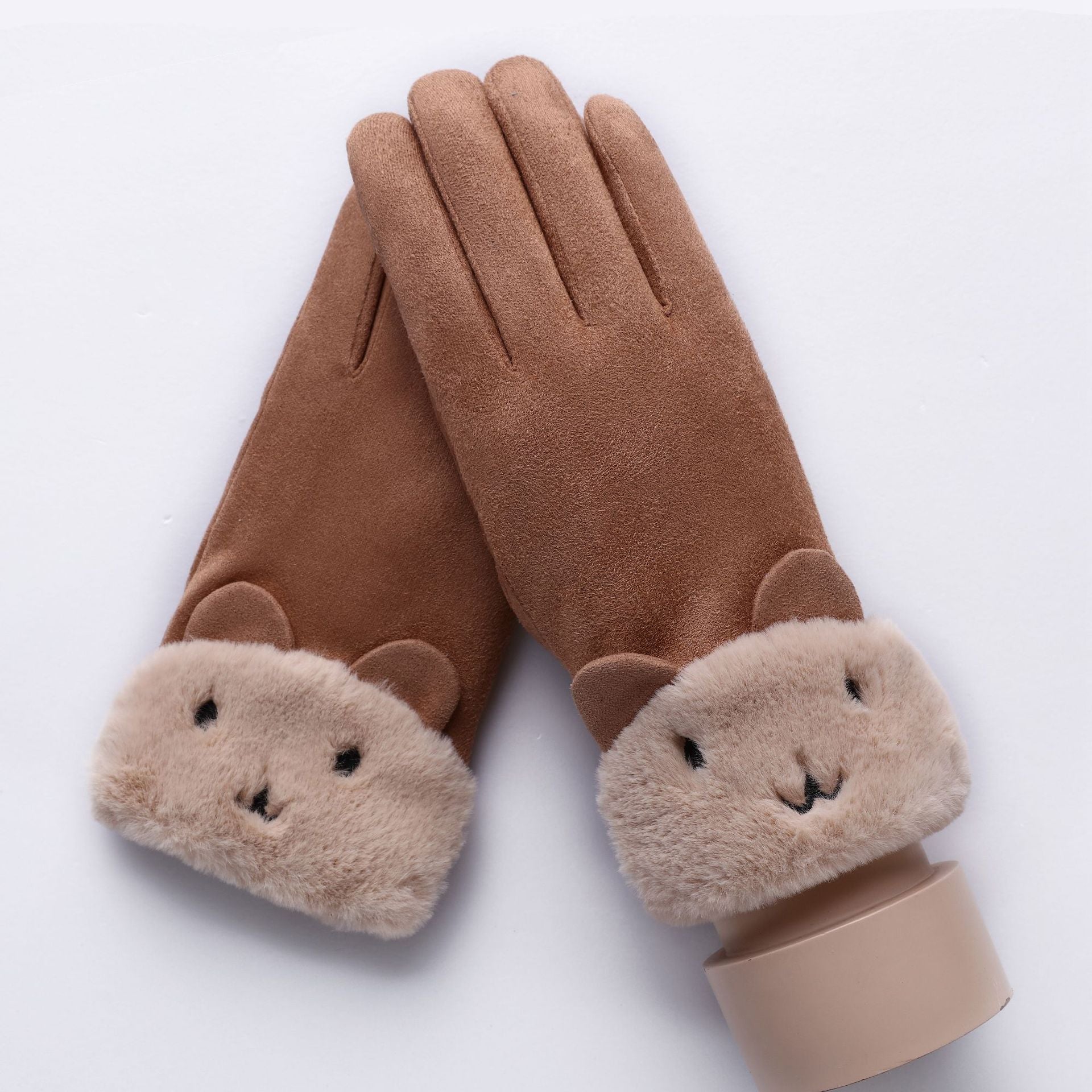 Winter Female Lace Warm Cashmere Three Ribs Cute Bear Mittens Double thick Plush