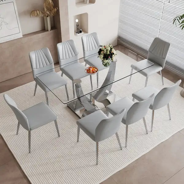 Contemporary Glass Dining Table Set with PU Upholstered Chairs - Silver