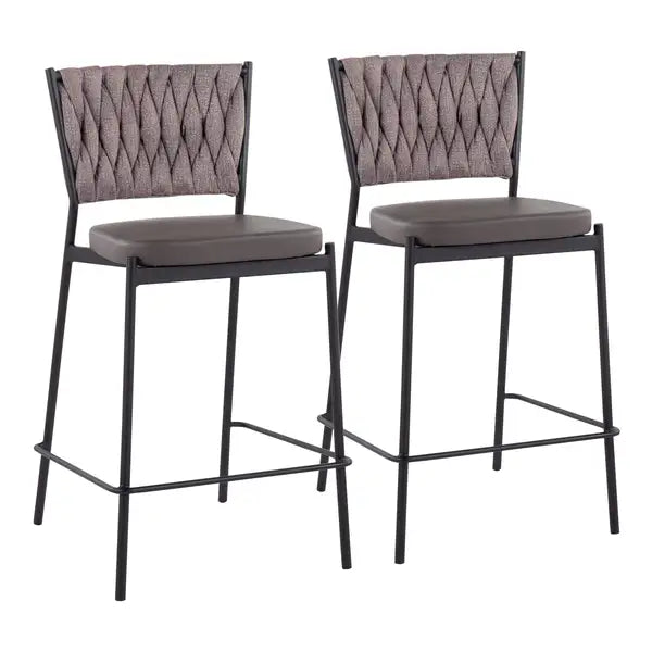 LumiSource Tania Counter Stools Set of 2 - Black Metal, Grey Faux Leather, Light Brown Fabric