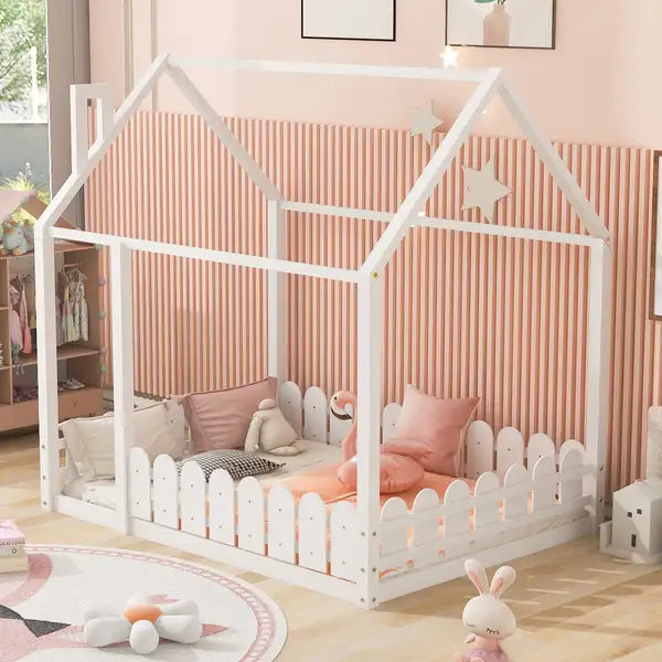 Full Size White Wood House Bed Frame with Fence for Kids & Teens