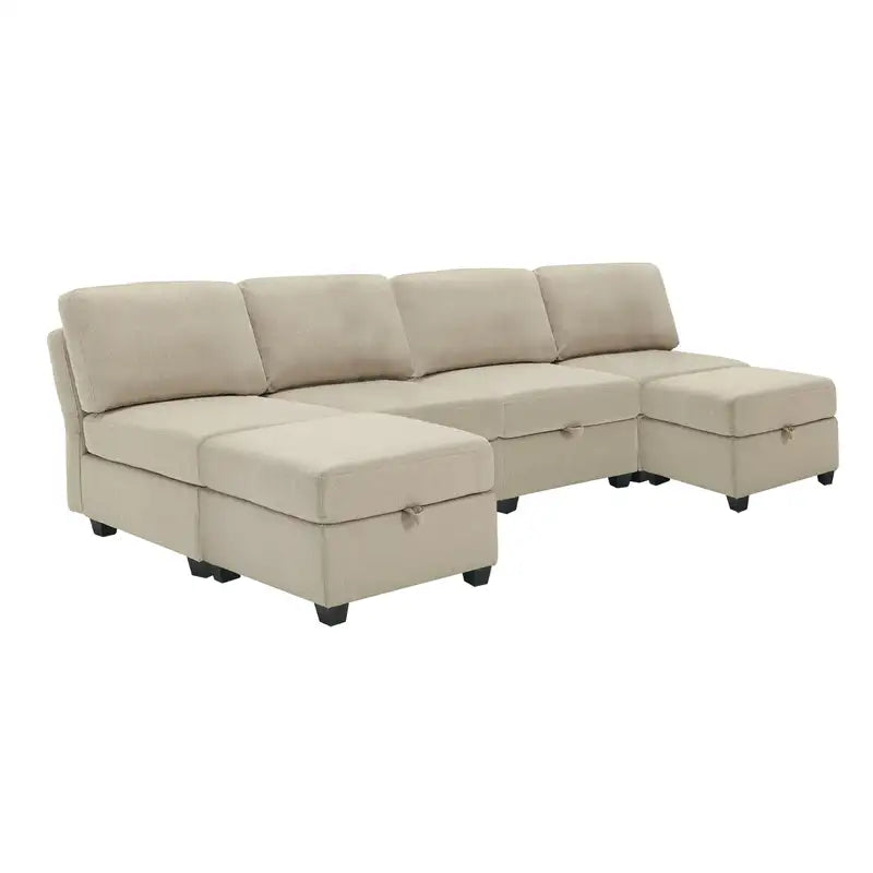 Beige Modular Linen Sectional Sofa with Storage & Adjustable Backs