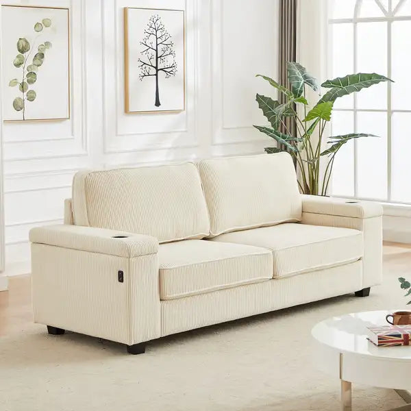 Deep Seat 3-Seater Corduroy Sofa with Storage, USB & Charging Ports