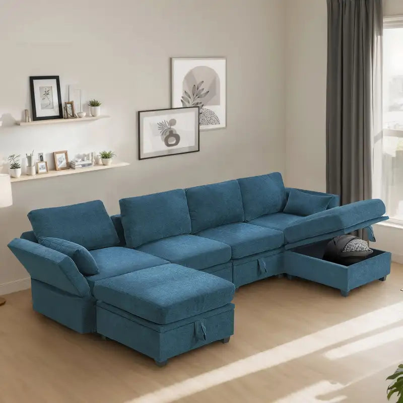 U-Shaped Chenille Sectional Sofa Bed - 109x54.7" - 6 Seats, Storage