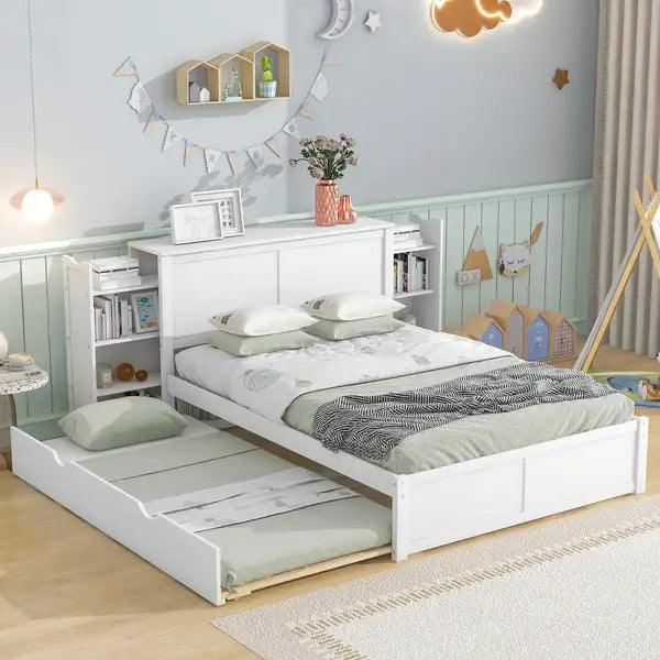 Full Size Platform Bed with Pull Out Shelves & Twin Trundle - White - Minihomy