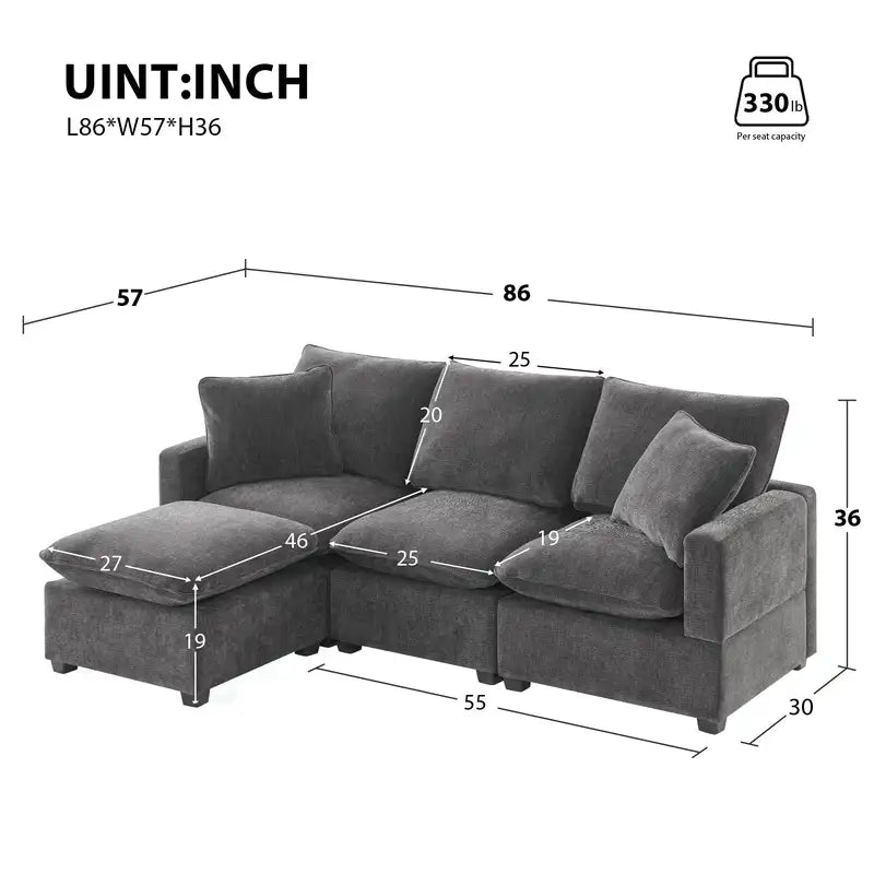 Modern Modular Sofa Set, 4 Seats, Chenille, 86x57", 2 Pillows