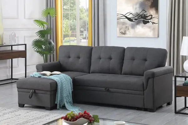 Lucca 84" Reversible Sleeper Sectional Sofa - Dark Gray Linen, Storage Chaise