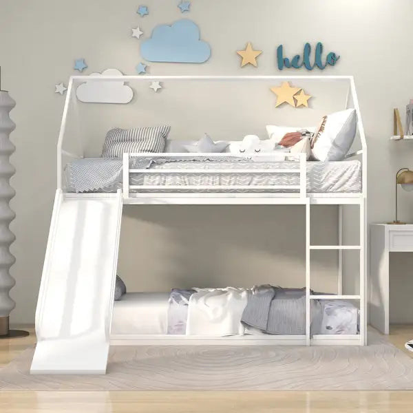 Twin over Twin Bunk Bed with Ladder & Slide - Kids Bedroom Furniture