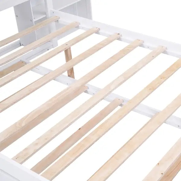 Full Size Platform Bed with Pull Out Shelves & Twin Trundle - White - Minihomy