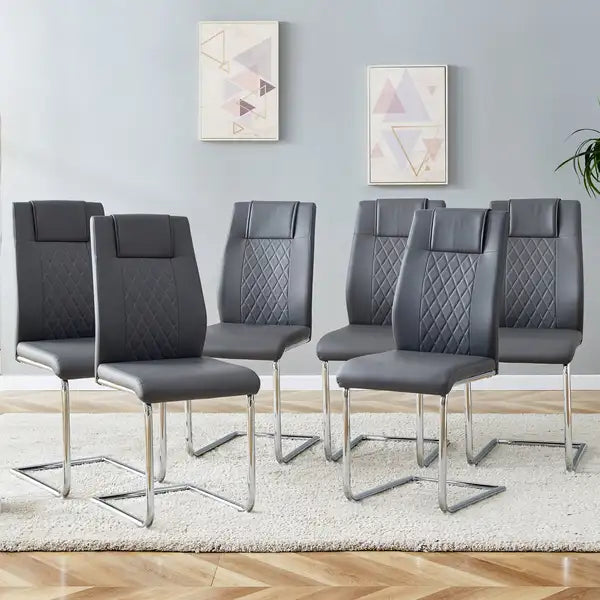 Set of 6 Modern Faux Leather Dining Chairs with Metal Legs - Grey