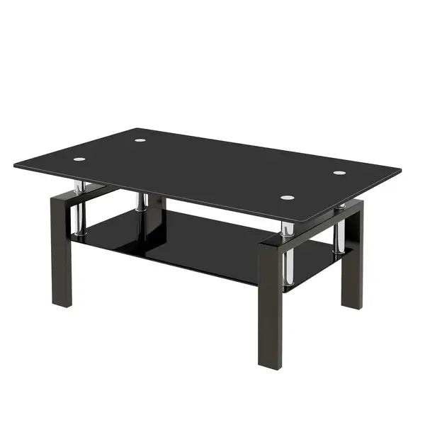 Black Tempered Glass Coffee Table with 2-Tier Storage