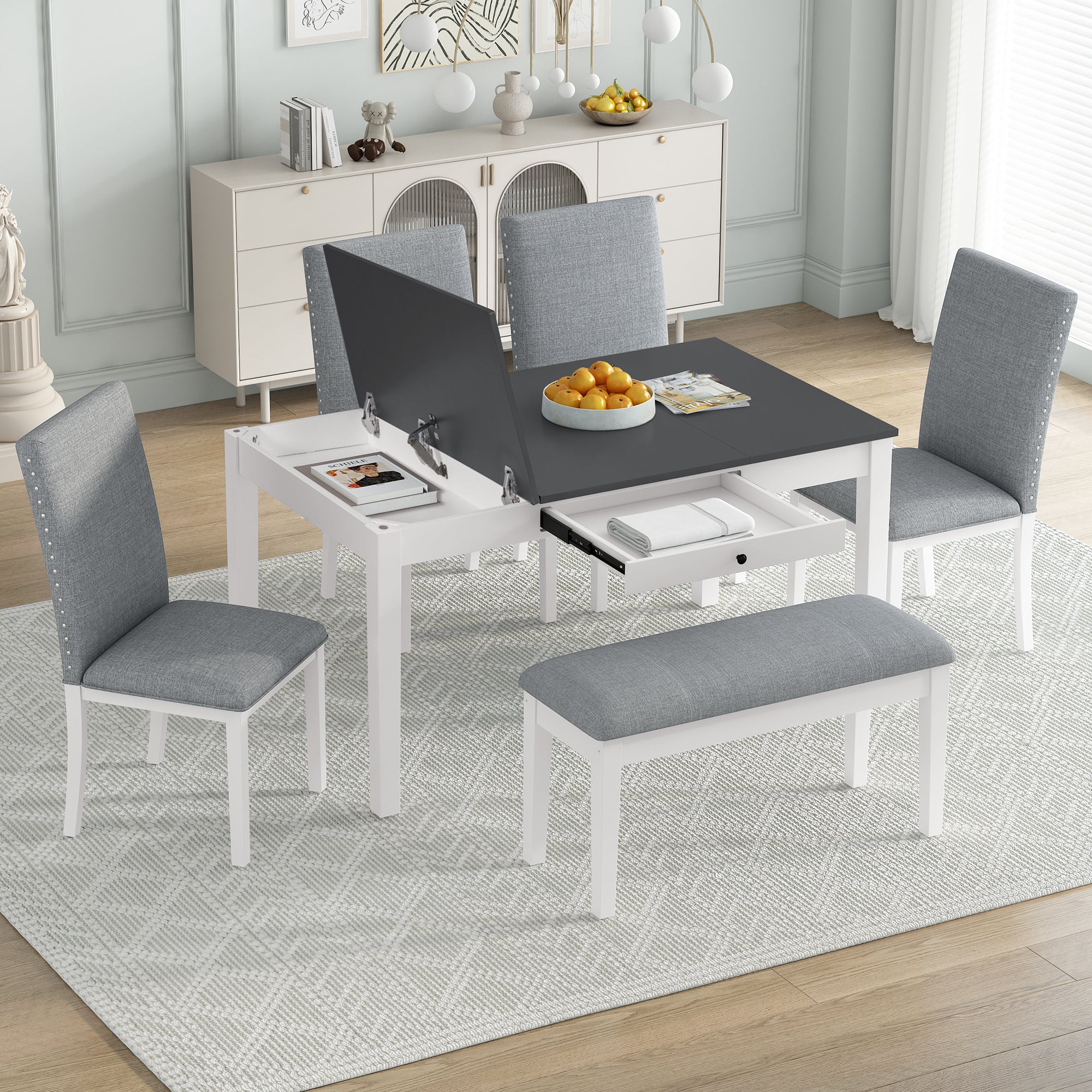 Farmhouse 6-Piece Dining Table Set with Storage - White & Gray - TOPMAX