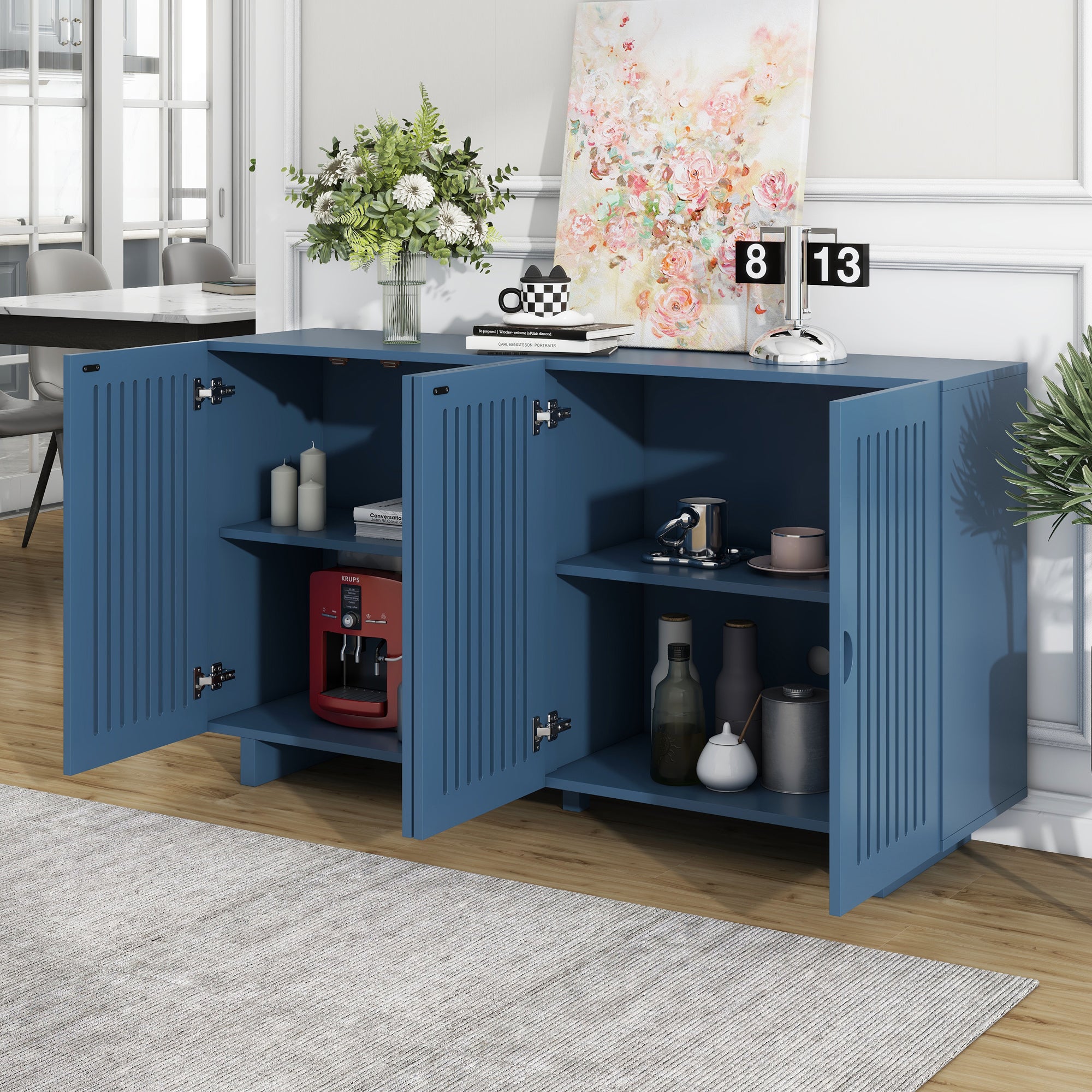 Modern Sideboard with Storage, Hollow Doors & Adjustable Shelves - Navy Blue