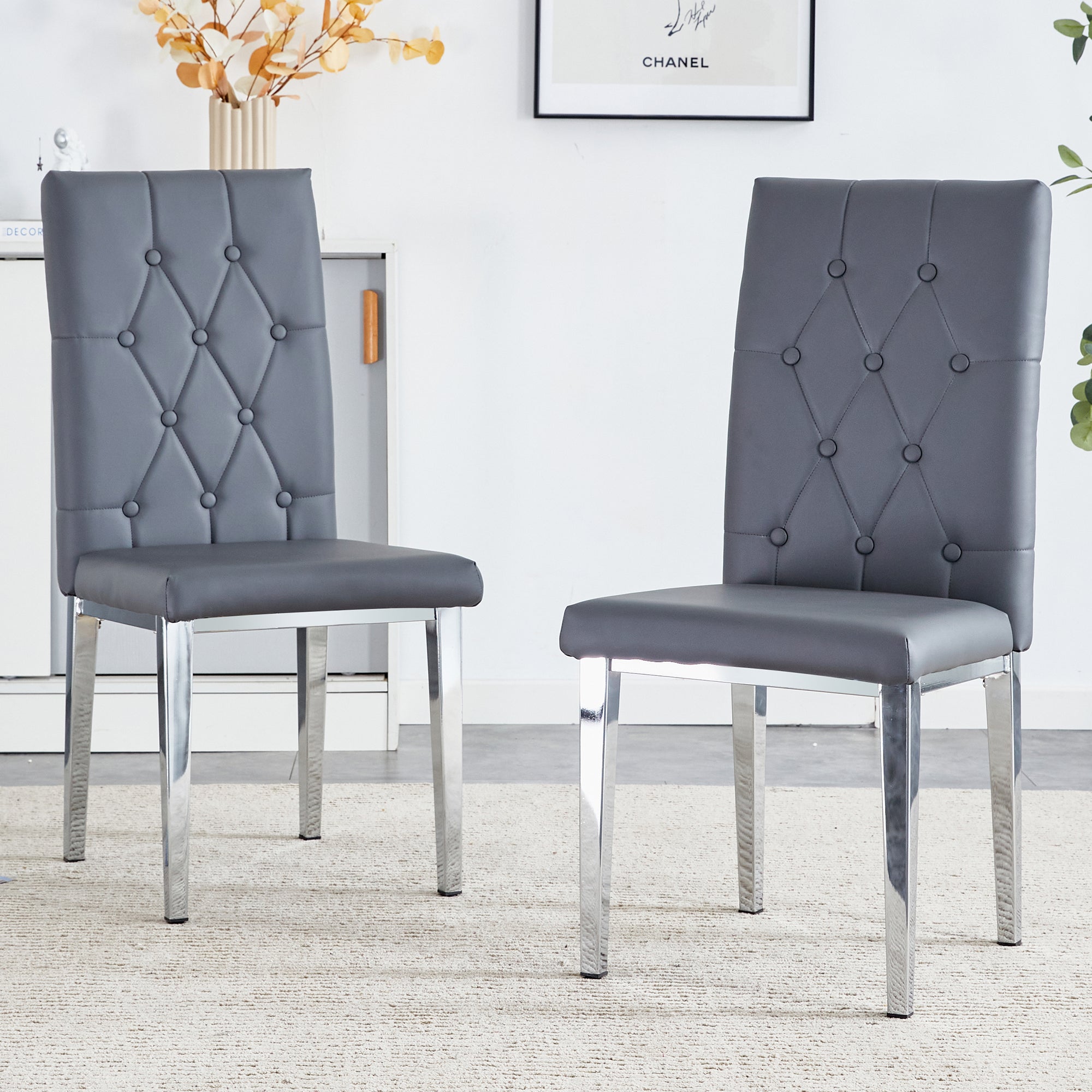 Gray Armless Dining Chairs Set of 2 - Vintage Grid & Buckle Back Design for Elegant Dining Room