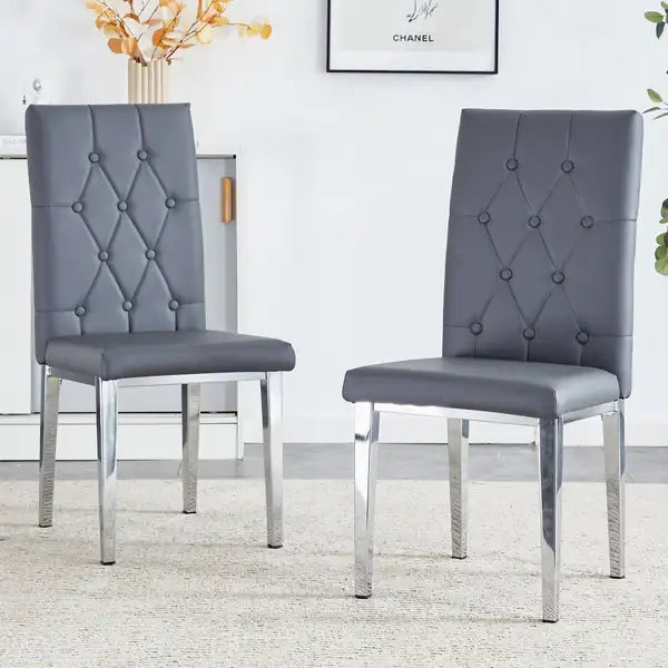 Gray Armless Dining Chairs Set of 2 - Vintage Grid & Buckle Back Design for Elegant Dining Room