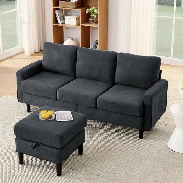 L-Shaped Sectional Sofa with Storage Ottoman - Dark Gray Fabric