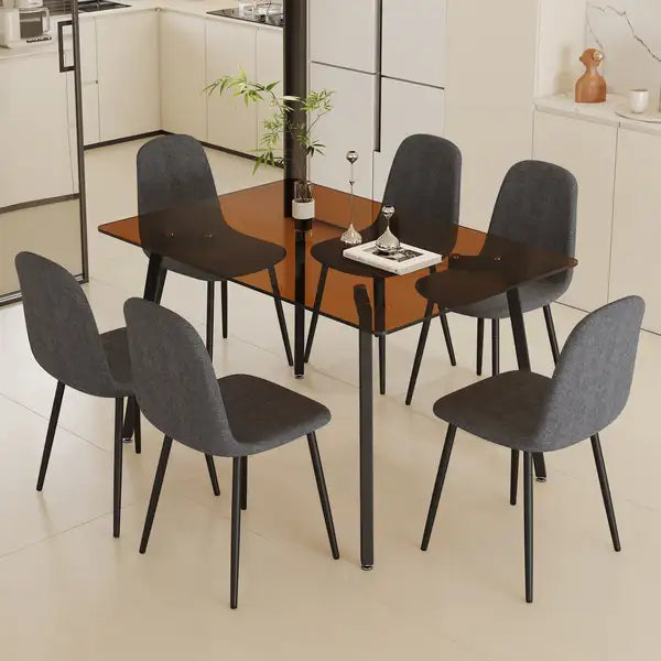 Modern Rectangular Glass Dining Table Set with 6 Dark Gray Chairs