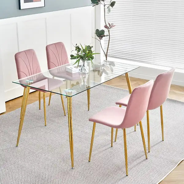 Modern Pink Dining Chairs Set of 4, Light Luxury Home Bedroom Stool with Gold Metal Legs - Minihomy