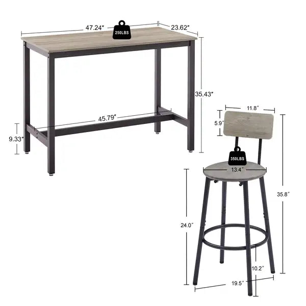 Grey Bar Table Set with 4 Stools, PU Soft Seats & Backrests, 47.24" L x 23.62" W x 35.43" H - Minihomy