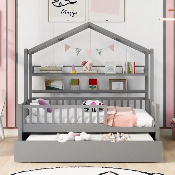 Twin Size House Bed with Trundle & Shelf - Gray Kids Bedroom Furniture