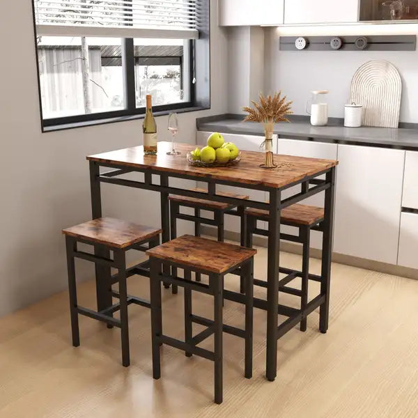 5 Piece Industrial Bar Table Set with High Stools - Rustic Brown, 43.31'' L x 23.62'' W x 35.43'' H - Minihomy