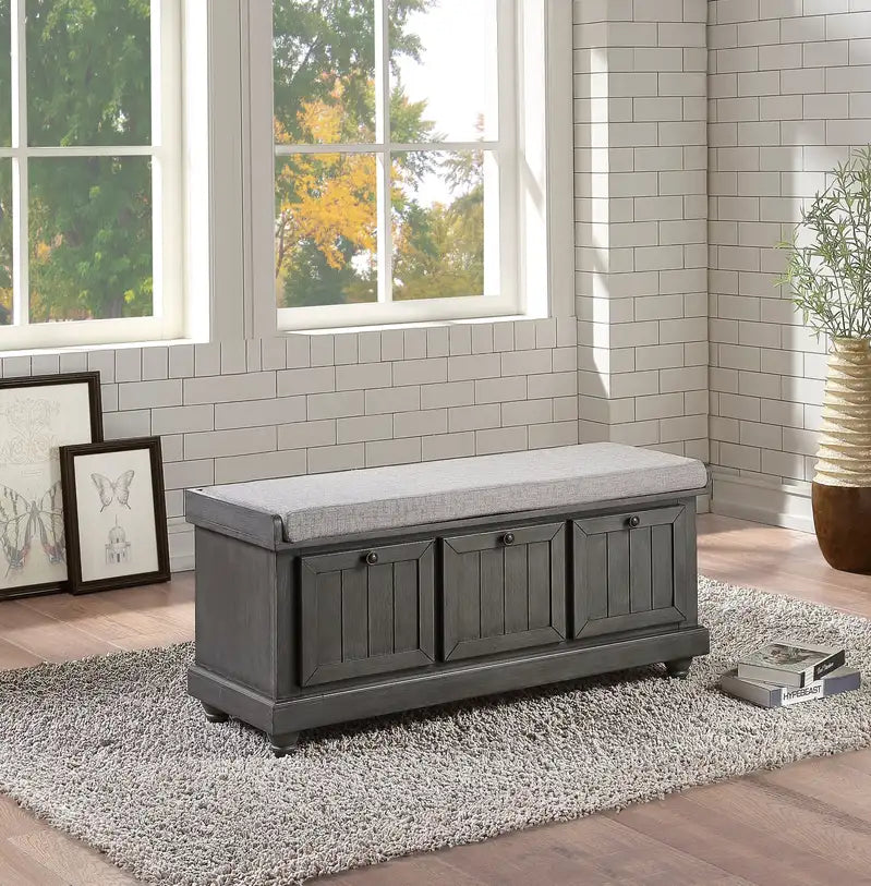 Gray Storage Bench with Flip Top Lid & Cushioned Seat