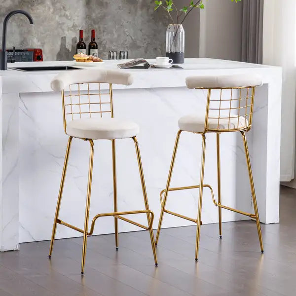 Luxury Velvet Bar Stools Set of 2, Beige - High Back Pub Chairs with Metal Legs for Kitchen Dining - Minihomy