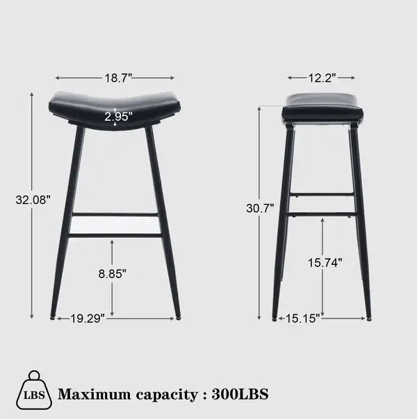 Counter Height Bar Stools Set of 2 - PU Upholstered, Black, with Footrest - Minihomy