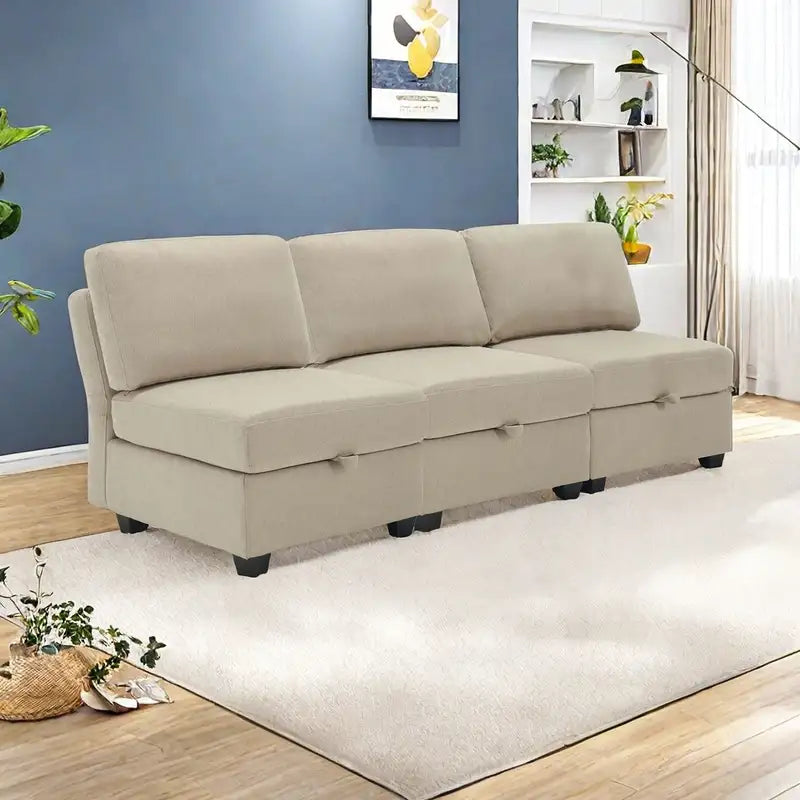 Beige Linen Modular Sectional Sofa with Storage - U-Shape Couch