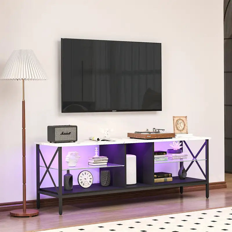 White Marble TV Stand with LED Lights & Remote Control