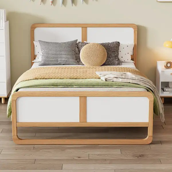 Queen Size Solid Wood Platform Bed - Modern Style, Walnut & White, No Box Spring Needed (Kids, Teens, Adults)