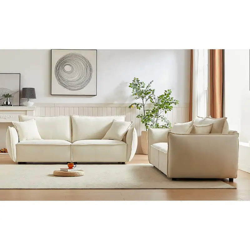 Modern 6-Seater Linen Sofa Set with Wooden Frame & 4 Pillows