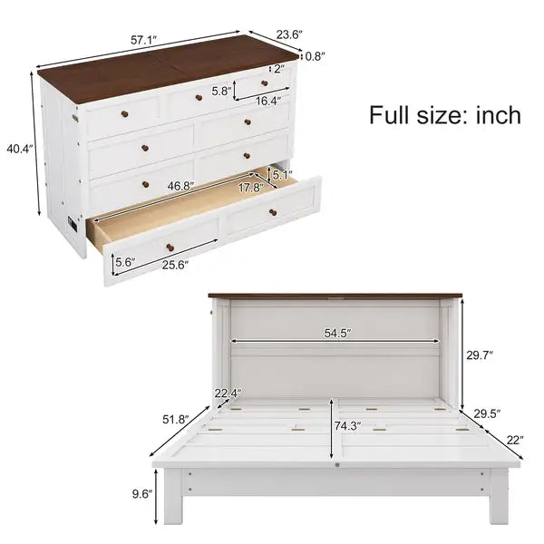 Full Murphy Bed with Charging Station, Storage Drawer, White+Walnut - Home Office or Small Room - Minihomy