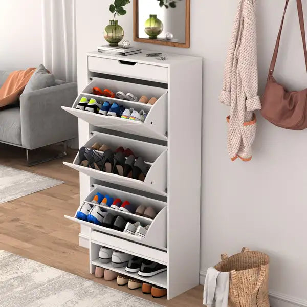 White Shoe Cabinet with 3 Flip Drawers - Entryway & Bedroom Storage