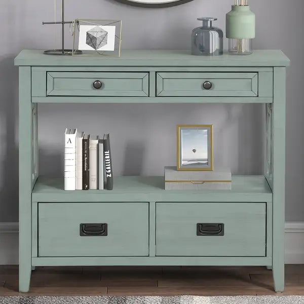 Farmhouse Console Table, 36", 4 Drawers, Storage Shelf - Retro Blue