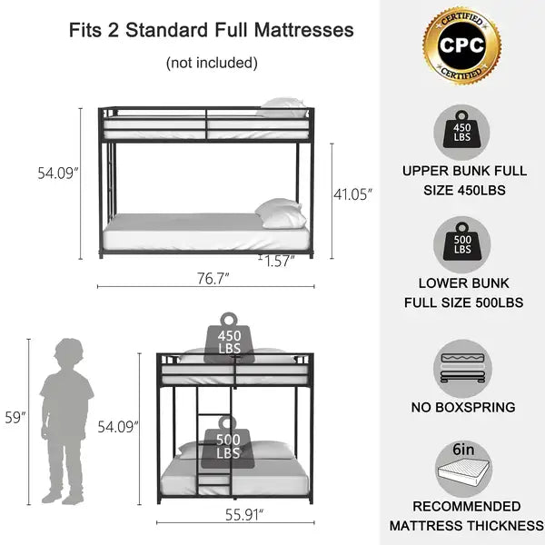 Full-Over-Full Bunk Bed with Black Finish - Adam Collection - Minihomy