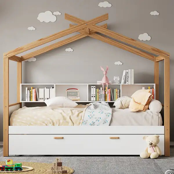 White Twin Wooden House Bed with Trundle & Bookshelf Storage for Kids & Guests